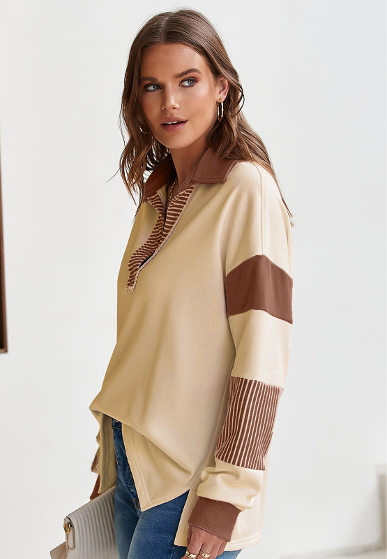 Color Block Johnny Collar Long Sleeve Sweatshirt