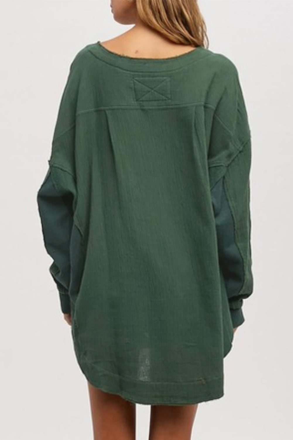 Green Solid Color Crinkled Patchwork Henley Blouse-True and Wild