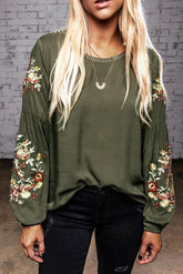 Olive Green Flower Embroidered Long Sleeve Blouse-True and Wild