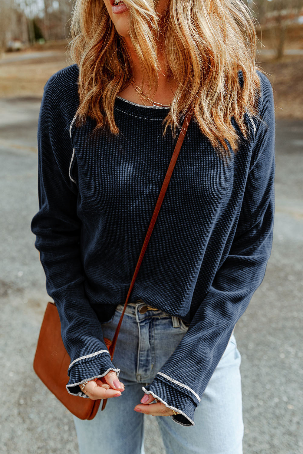 Black Textured Crewneck Long Sleeve Top-True and Wild