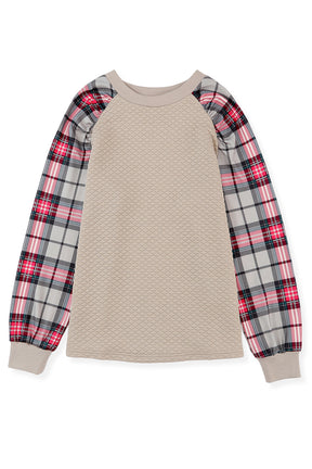 Brown Plaid Print Waffle Quilted Raglan Sleeve Sweatshirt-True and Wild