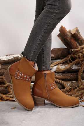 Chestnut Eyelet Buckled Chunky Heel Faux Leather Ankle Boots-True and Wild