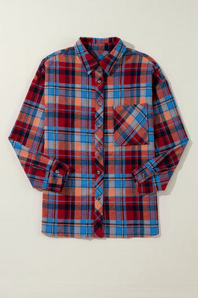 Red Plaid Print Drop Sleeve Loose Shirt-True and Wild