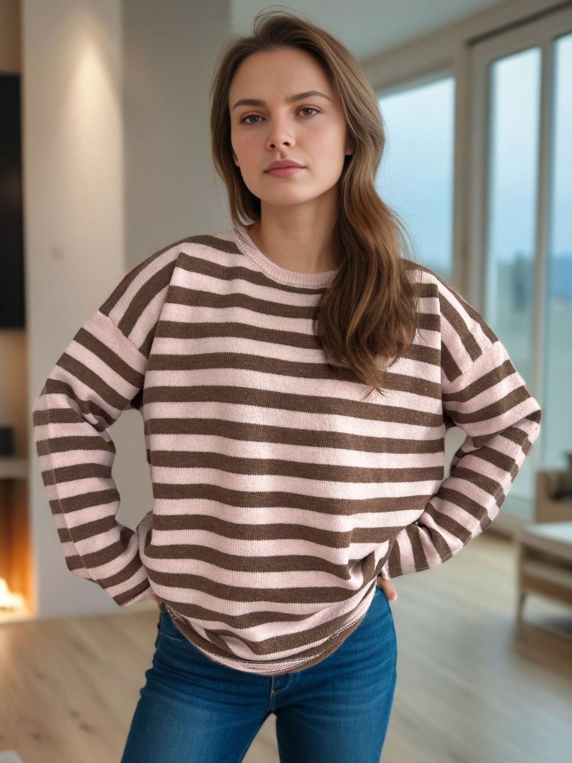 Distressed Striped Round Neck Long Sleeve Sweater