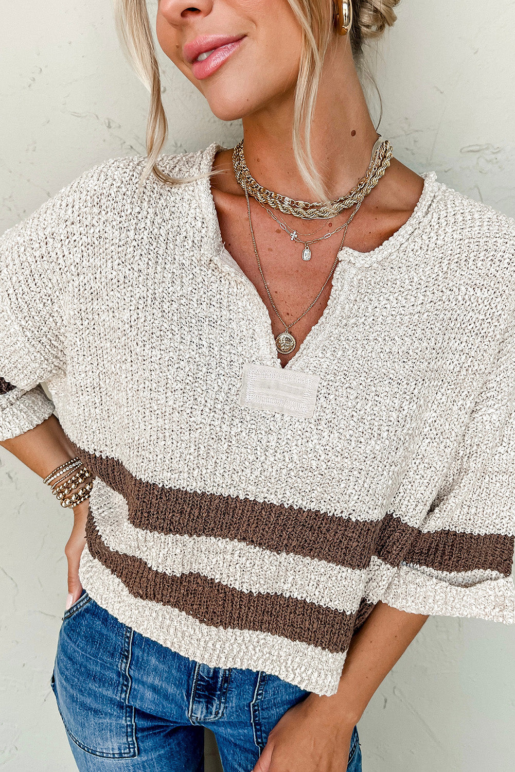 Brown Stripe Cropped Drop Sleeve Sweater-True and Wild