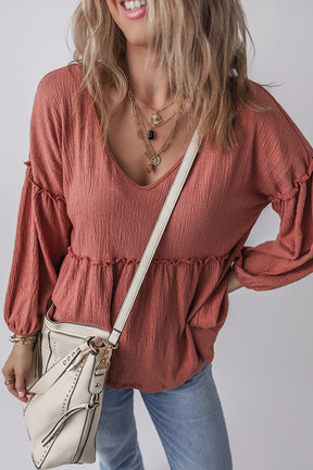 Mineral Red Solid Color Textured Frill Trim V Neck Puff Sleeve Blouse-True and Wild