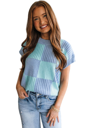 Light Blue Checkered Color Block Crew Neck Short Sleeve Sweater-True and Wild