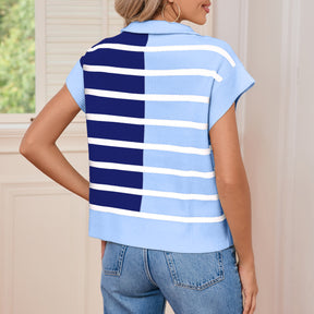 Sky Blue Stripe Quarter Zip Collar Knit Vest