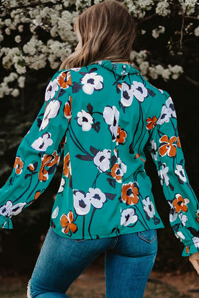 Green Mock Neck Top Floral Print Long Sleeve Silk Blouse-True and Wild