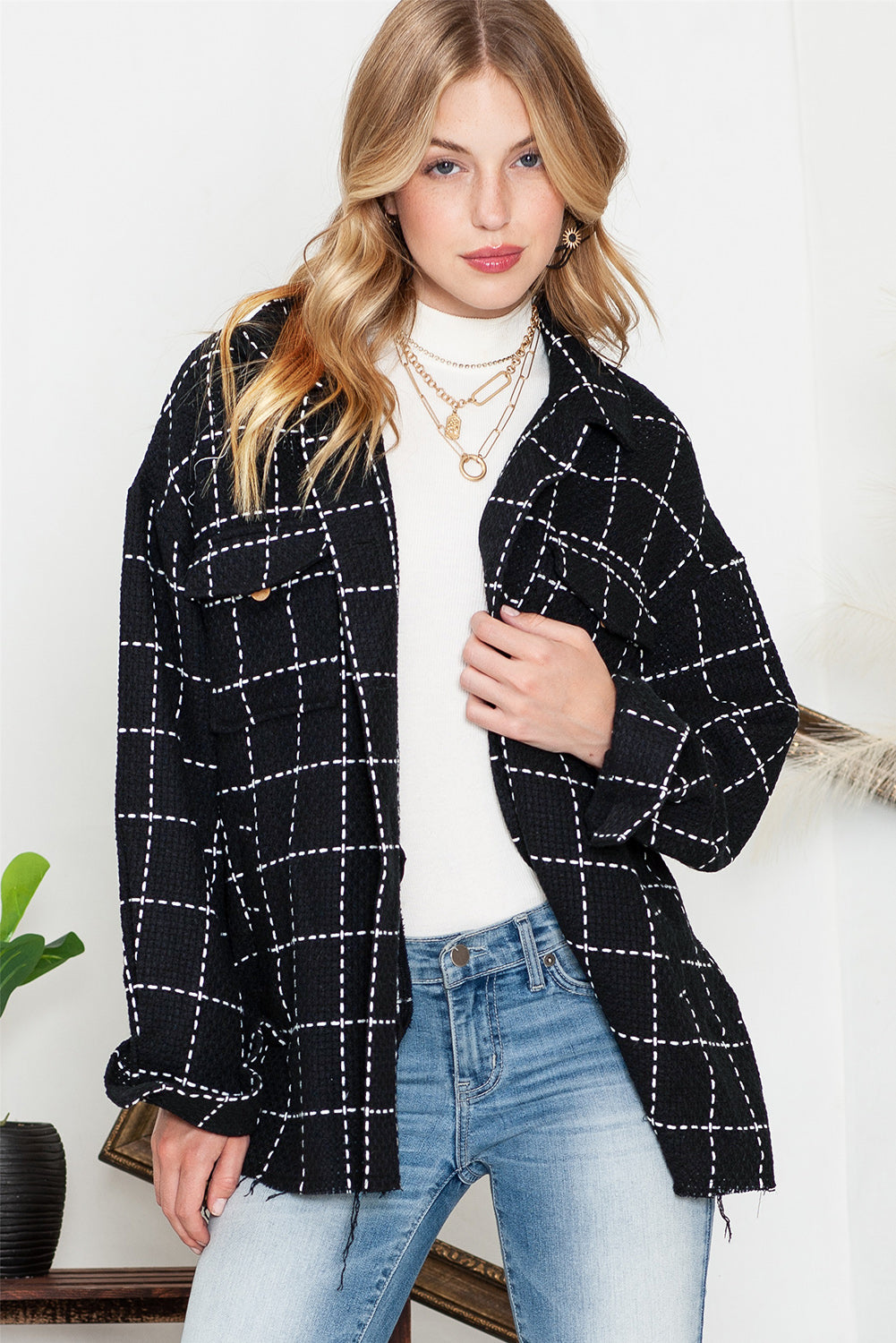 Black Plaid Button Up Shirt Shacket with Flap Pockets-True and Wild