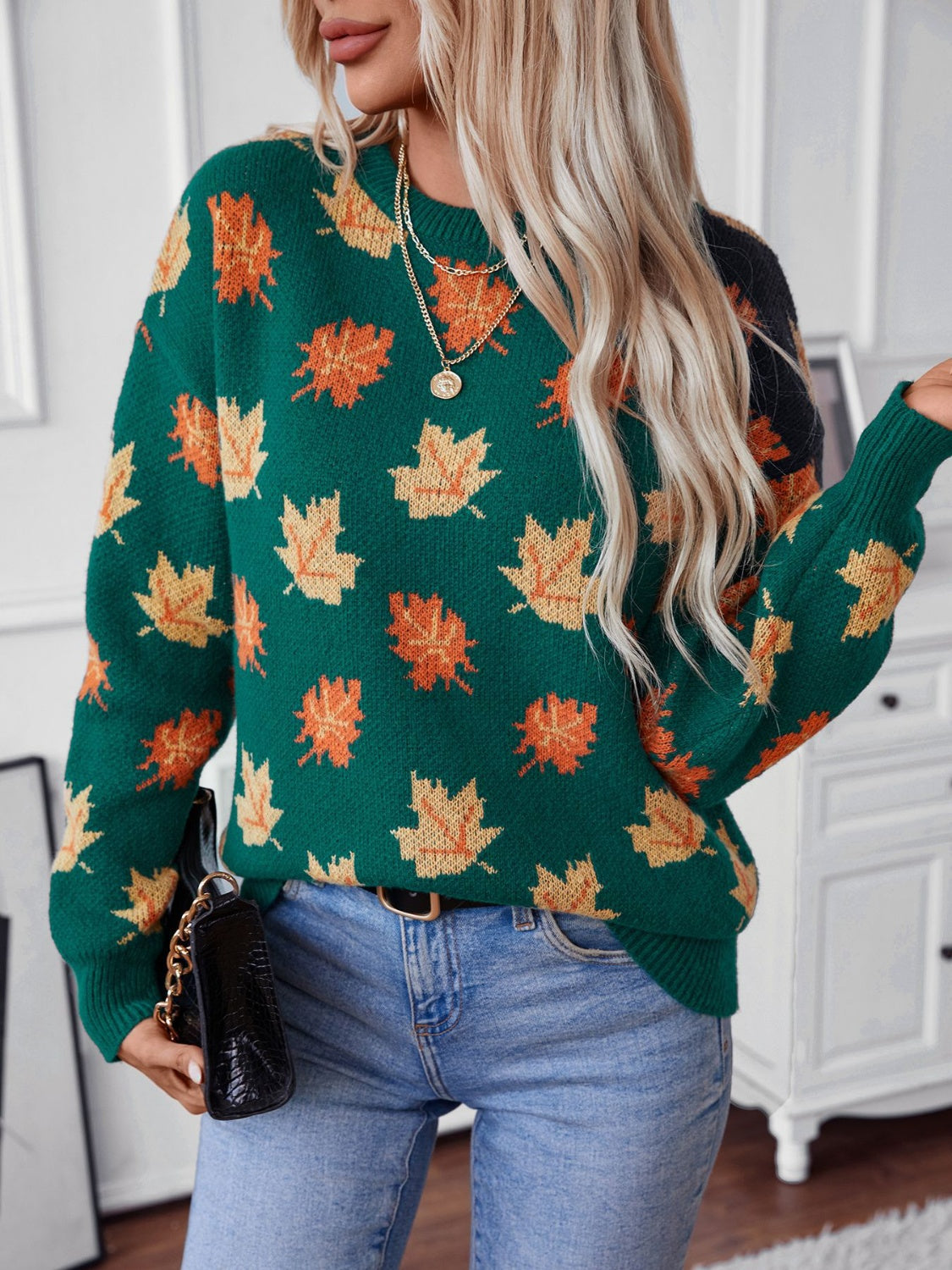 Maple Leaf Round Neck Long Sleeve Sweater-True and Wild