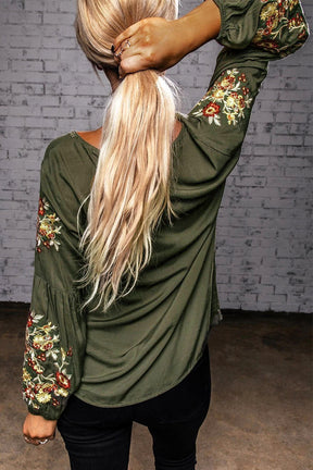 Olive Green Flower Embroidered Long Sleeve Blouse-True and Wild