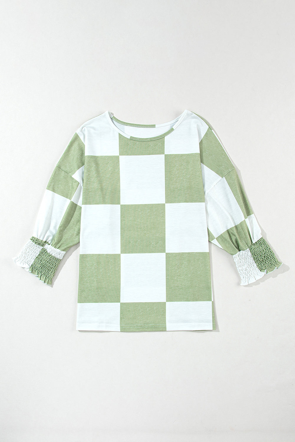 Grass Green Checkered Ruffle Smocked Cuffs Tee-True and Wild