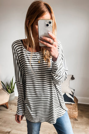 Gray Stripe Drop Sleeve Round Neck Oversized Top-True and Wild