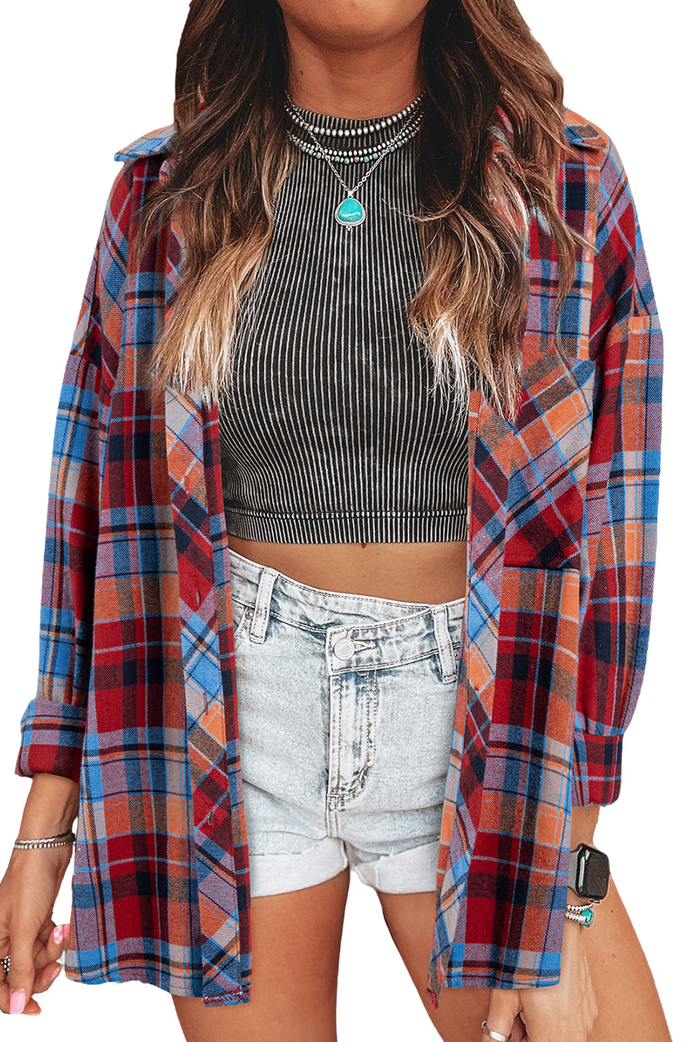 Red Plaid Print Drop Sleeve Loose Shirt-True and Wild