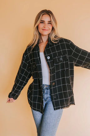 Black Plaid Button Up Shirt Shacket with Flap Pockets-True and Wild