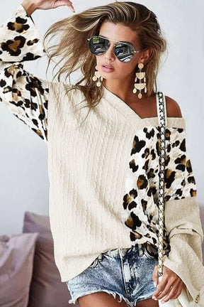 Beige V Neck Leopard Colorblock Patchwork Long Sleeve Top-True and Wild