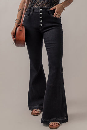 Black High Waist Button Front Flare Jeans-True and Wild