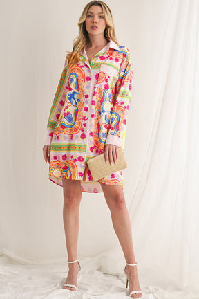 Multicolour Abstract Print Button Long Sleeve Shirt Dress-True and Wild