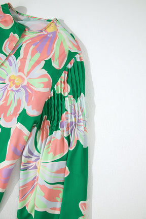 Green Floral Pleated Puff Sleeve Blouse-True and Wild