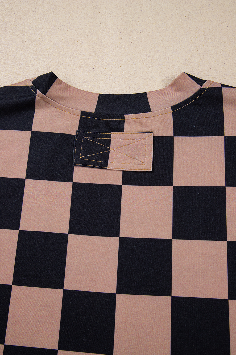 Light Beige Two Tone Checkered Crew Neck Loose T Shirt-True and Wild