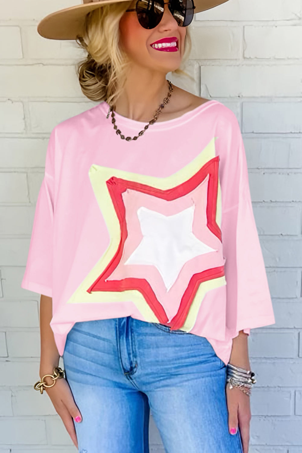 Moonlight Jade Colorblock Star Patched Half Sleeve Oversized Tee-True and Wild