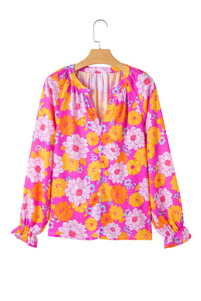 Rose Flower Print V Neck Relaxed Sleeve Blouse-True and Wild