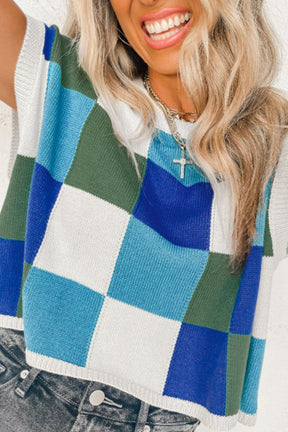 Contrast Plaid Round Neck Cap Sleeve Sweater