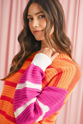 Orange Striped Colorblock Puff Sleeve Sweater-True and Wild