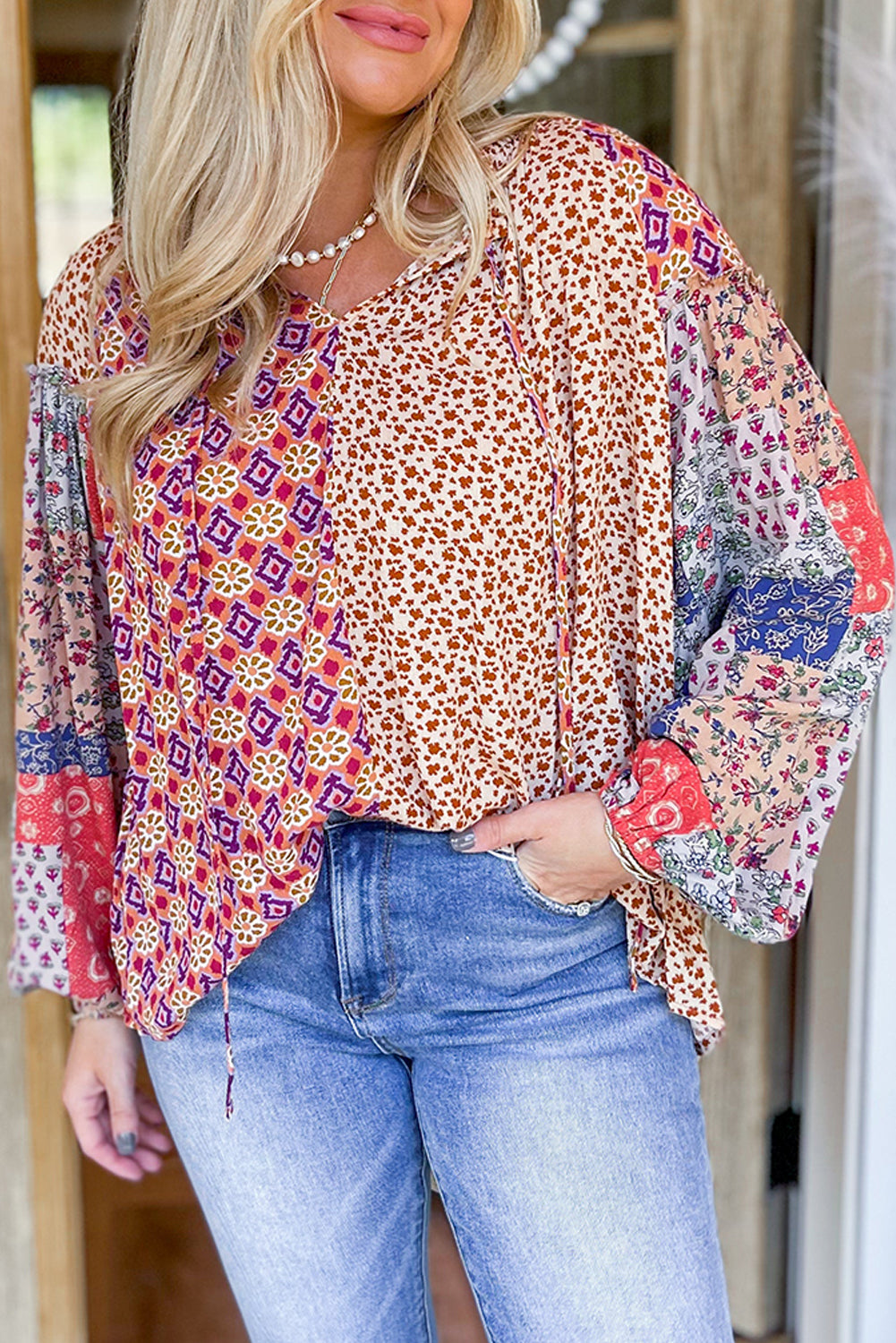 Orange Mixed Floral Patchwork Long Sleeve Tie V Neck Blouse-True and Wild