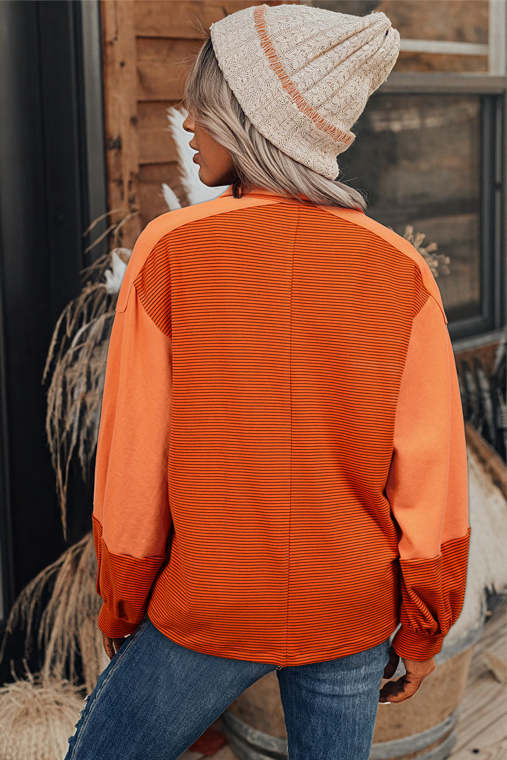 Orange Exposed Seam Puff Sleeve Henley Sweatshirt-True and Wild