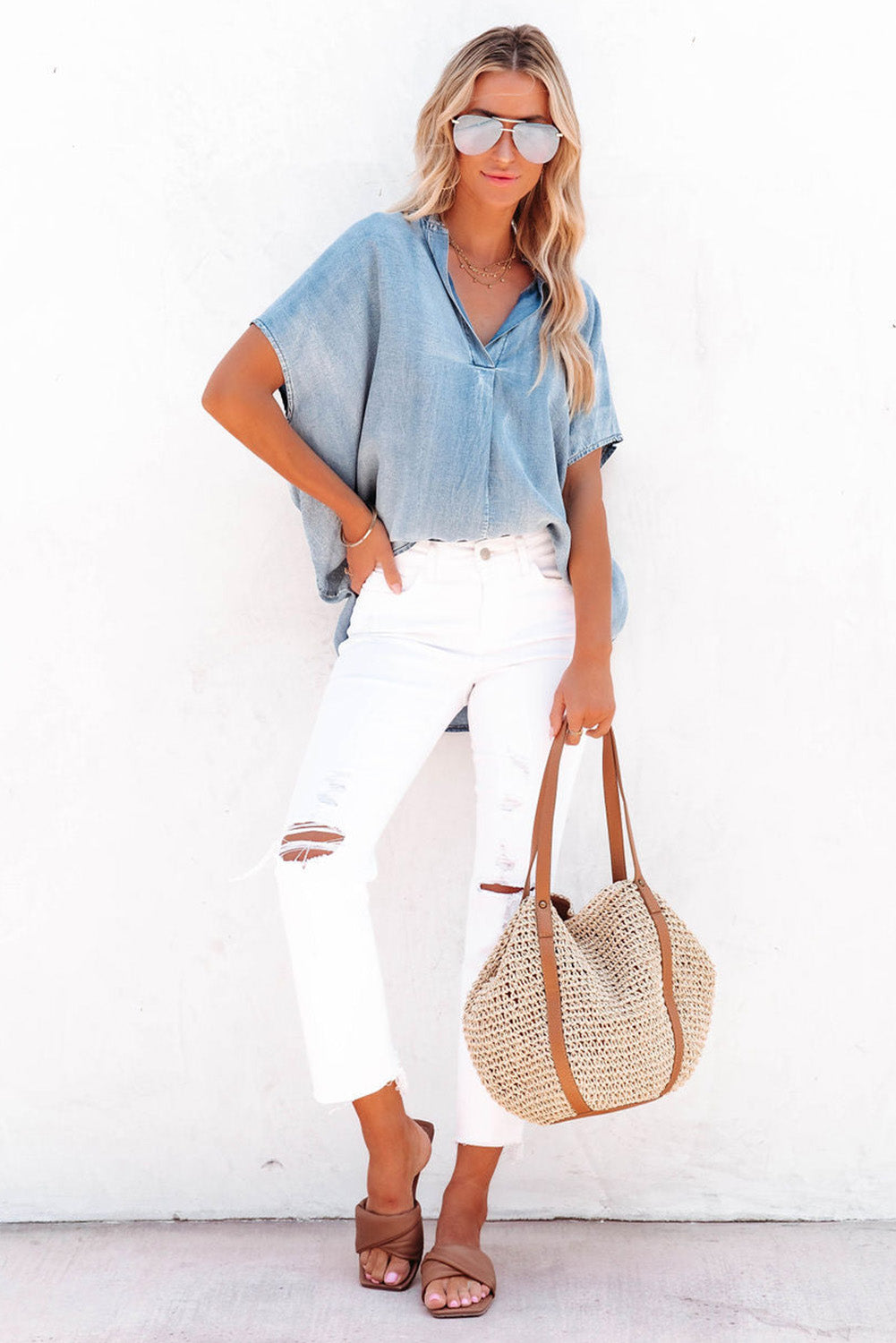 Sky Blue Split V Neck Loose Denim Blouse