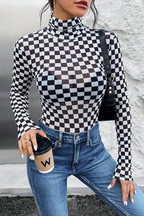 Brown Checkered Print Long Sleeve Mock Neck Bodysuit-True and Wild