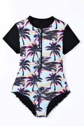 Blue Plant Print Zip Front Half Sleeve One Piece Swimsuit