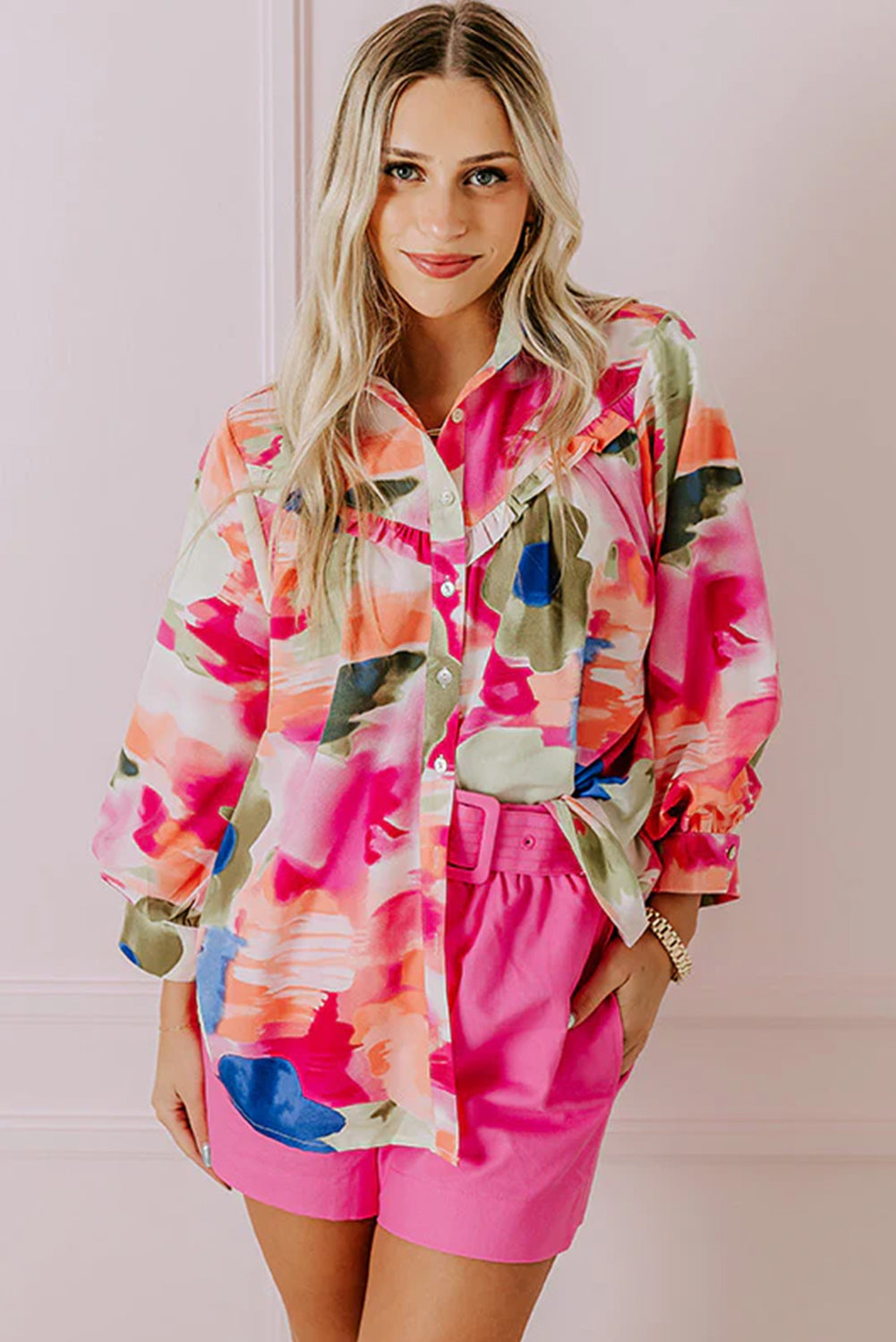 Rose Abstract Print Ruffled Puff Sleeve Shirt-True and Wild