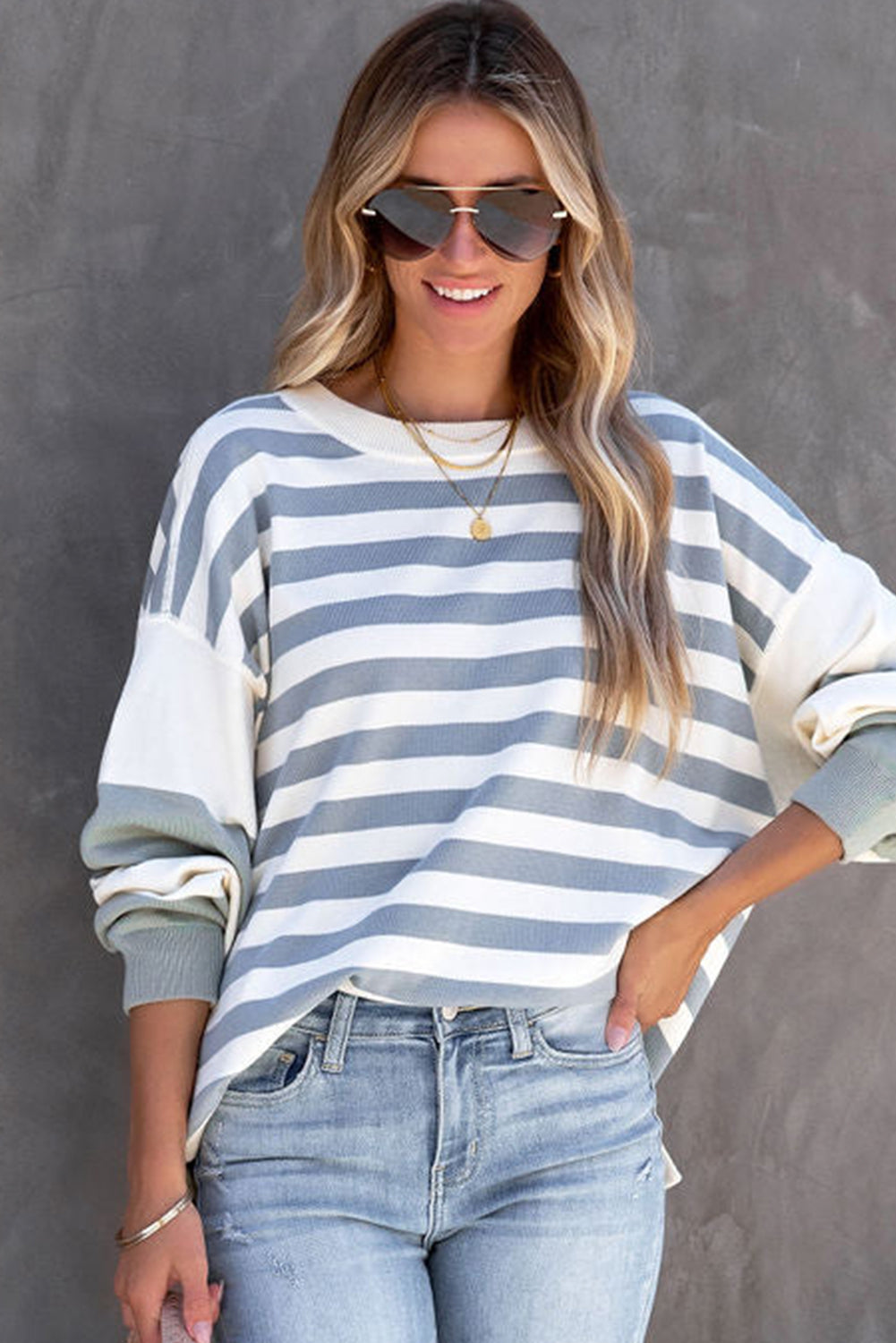 Blue Casual Striped Drop Shoulder Pullover Sweatshirt-True and Wild