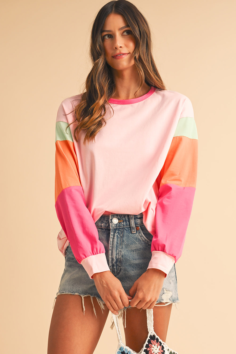 Rose Red Color Block Sleeve Loose Fit Top-True and Wild