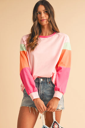 Rose Red Color Block Sleeve Loose Fit Top-True and Wild