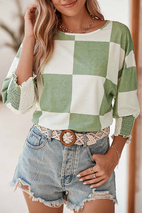 Grass Green Checkered Ruffle Smocked Cuffs Tee-True and Wild