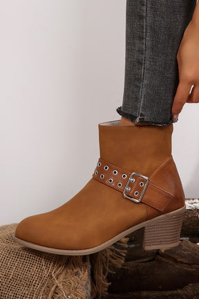 Chestnut Eyelet Buckled Chunky Heel Faux Leather Ankle Boots-True and Wild