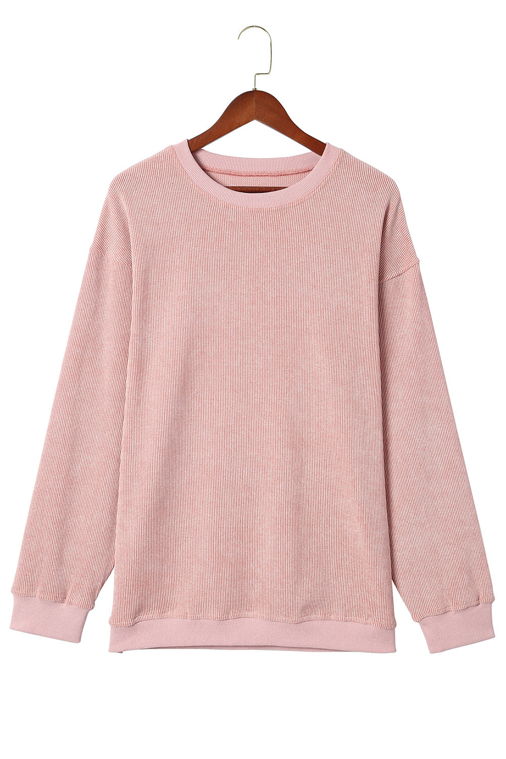 Pink Solid Ribbed Round Neck Pullover Sweatshirt-True and Wild