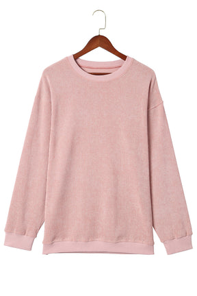 Pink Solid Ribbed Round Neck Pullover Sweatshirt-True and Wild