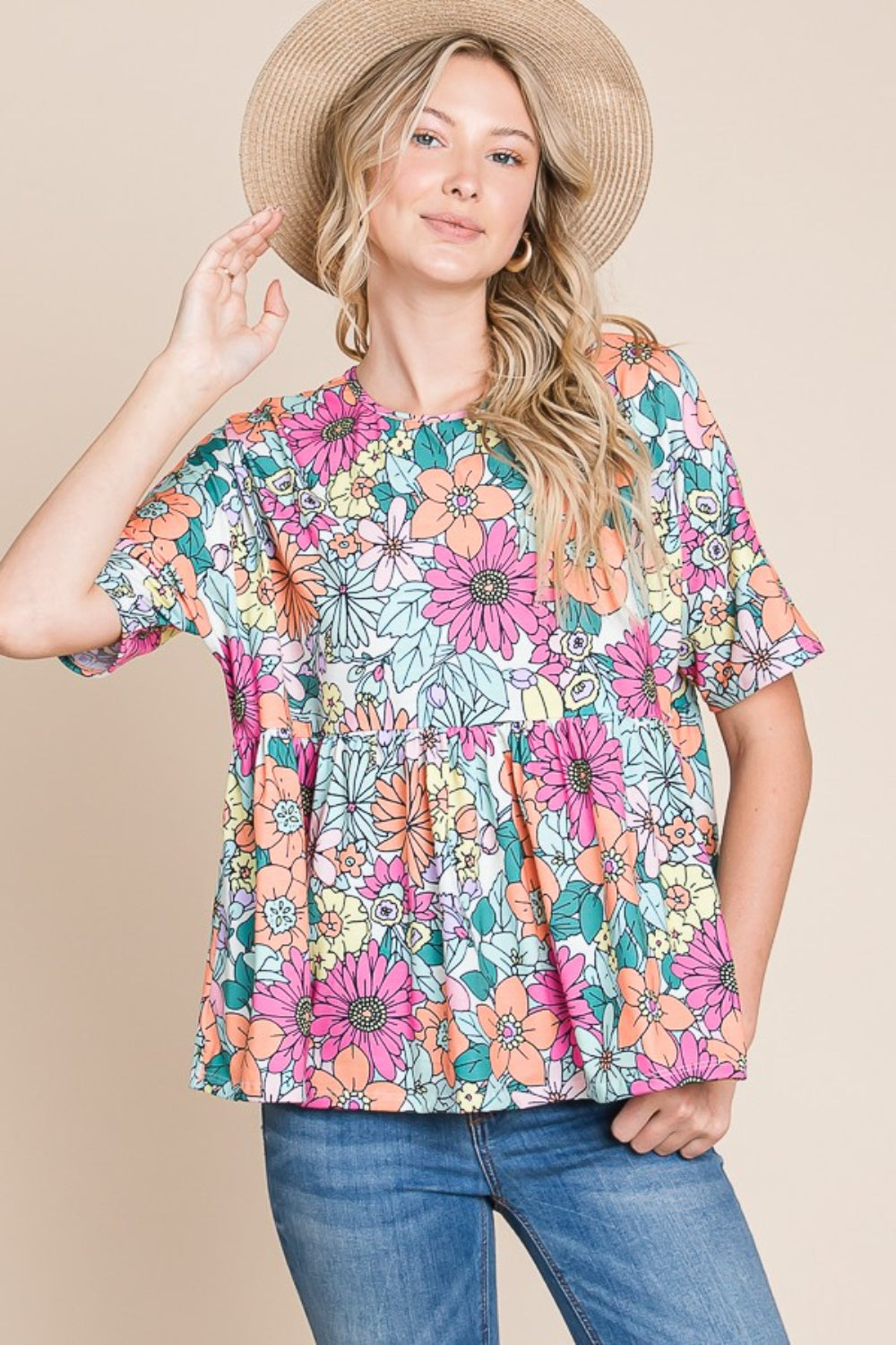 BOMBOM Floral Round Neck Short Sleeve Blouse-True and Wild