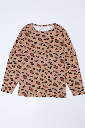 Brown Leopard Stitching Loose Long Sleeve Top-True and Wild