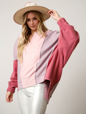 High-Low Contrast Notched Long Sleeve Sweatshirt-True and Wild