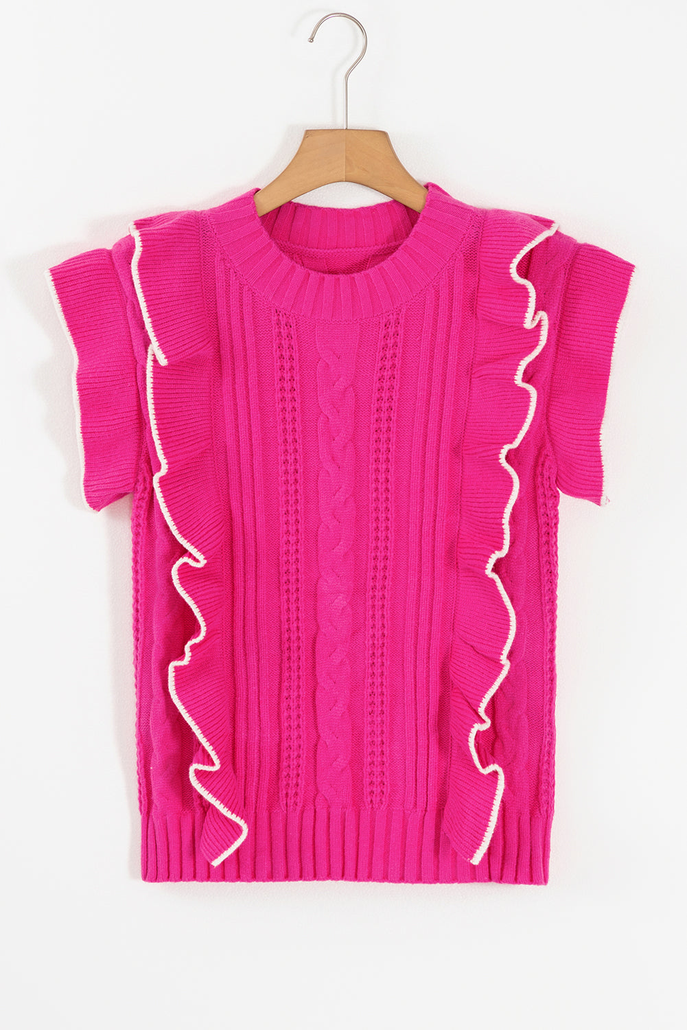 Strawberry Pink Contrast Trim Ruffle Sleeveless Twist Cable Knit Top