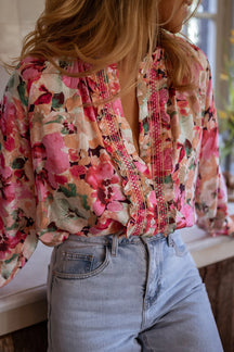 Frill Floral Button Down Long Sleeve Shirt-True and Wild