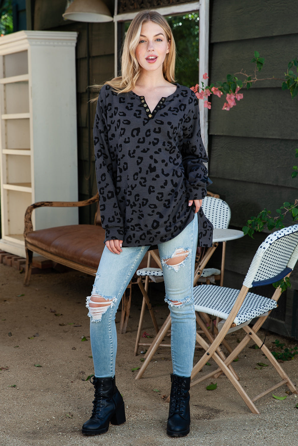 Grey Leopard Print Textured Drop Shoulder Henley Shirt-True and Wild