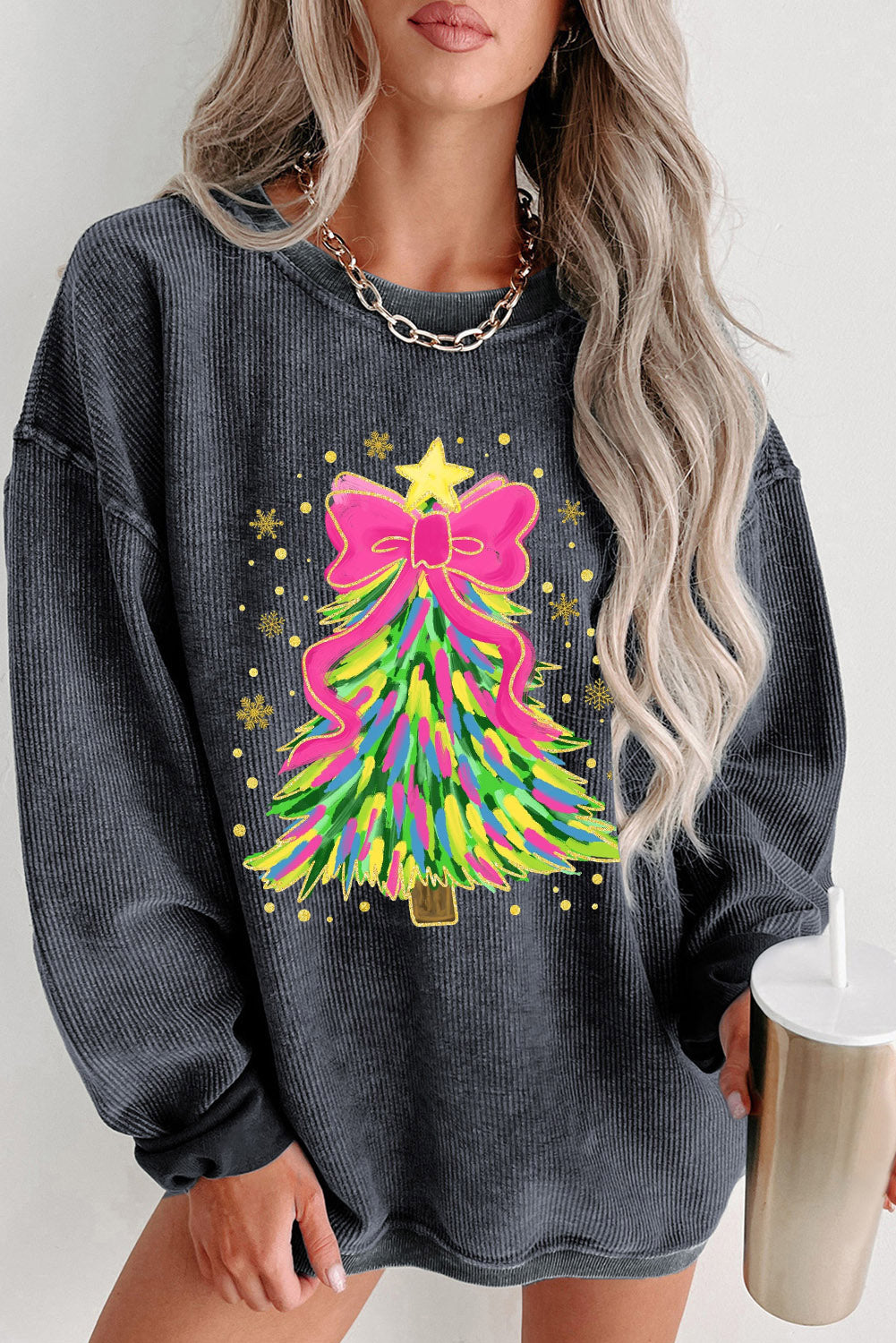 Gray Stunning Christmas Tree Printed Drop Shoulder Corded Sweatshirt-True and Wild