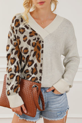 Leopard V Neck Drop Shoulder Sweater-True and Wild